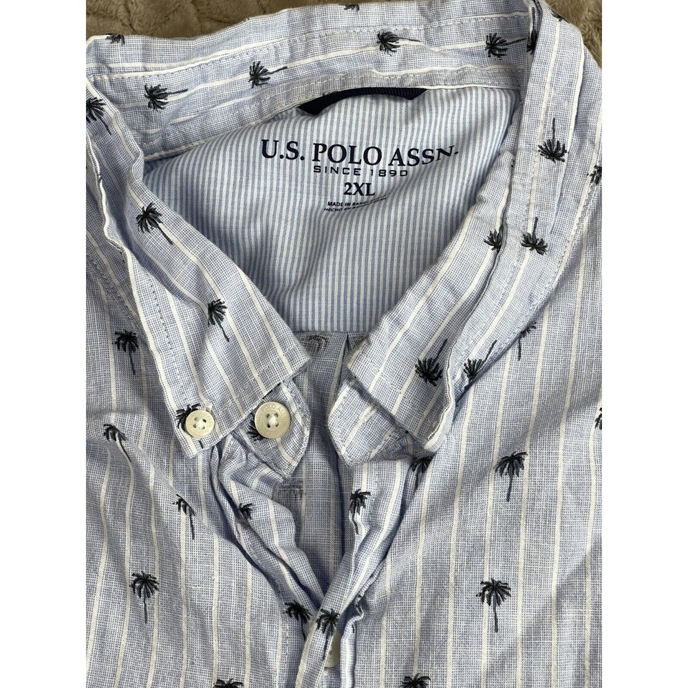 U.S. Polo ASSN. Button Shirt Mens 2XL Blue Striped Palm Tree All Over